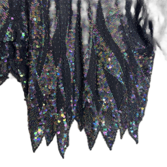 Vintage Iris Sequin Top Womens Medium Black Iridescent Beaded Party Blouse 80s - Picture 3 of 14